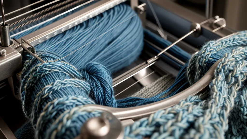 Nahaufnahme eines Strickmaschinenschlittens mit dünnem Industriegarn.