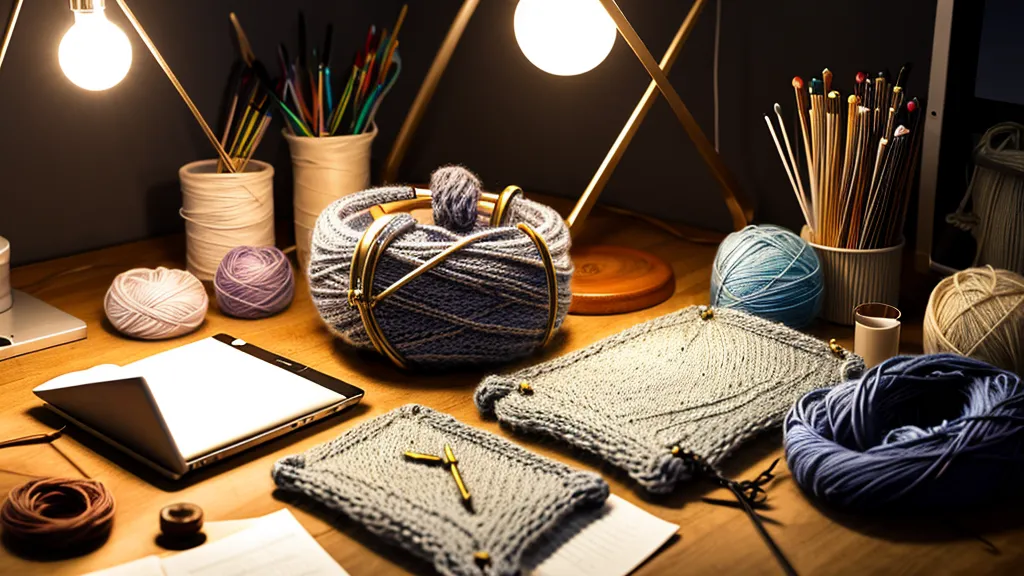 Laptop mit Online-Kurs neben einer Strickmaschine und technischen Notizen.