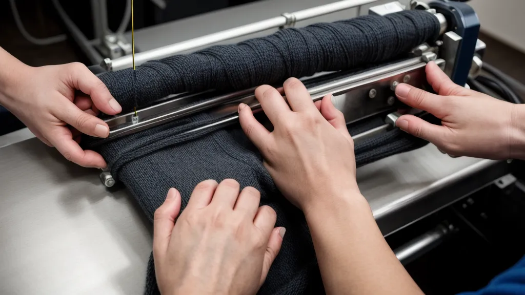 Hände an dem Nadelbett einer Strickmaschine mit 200 Nadeln