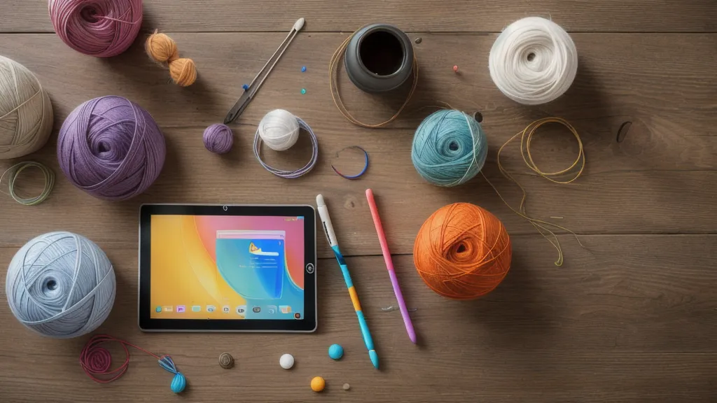 Tablet mit Online-Kurs neben Strickzubehör und Garn auf einer Werkbank