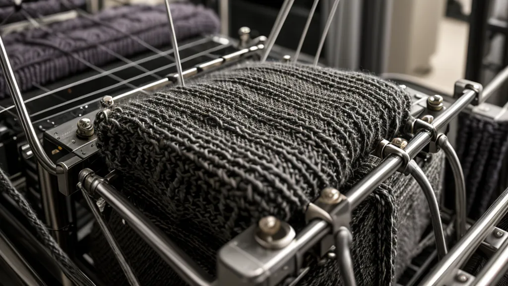 Nahaufnahme eines Strickmaschinenschlittens in Bewegung