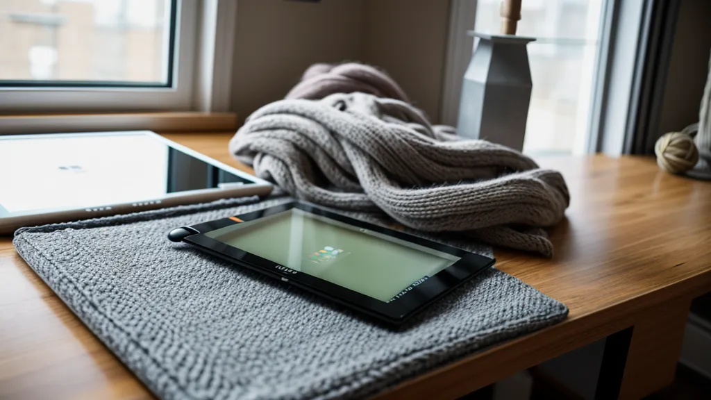 Tablet mit Online-Kurs neben einer Strickmaschine in der Werkstatt
