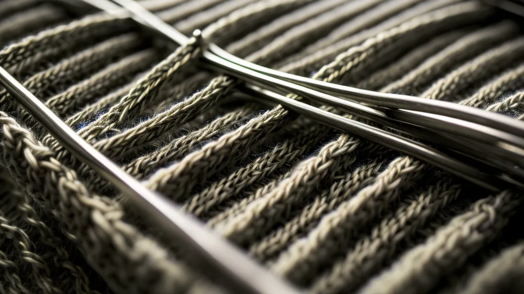 Perfekt gestricktes Bündchen an den Nadeln der Strickmaschine