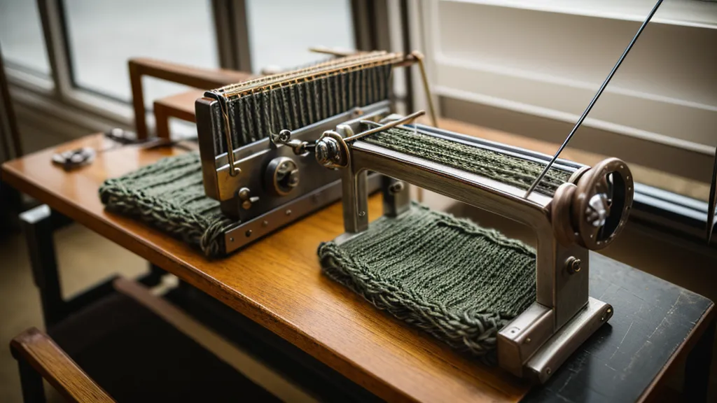 Nahaufnahme einer 24-Maschen Lochkarte beim Einführen in eine mechanische Strickmaschine