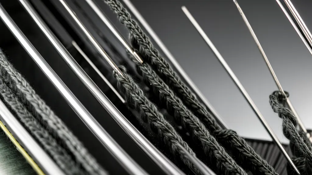 Nadelbett einer Brother KH-940 in Draufsicht, Detail zur Fadenspannung beim Maschinenstricken