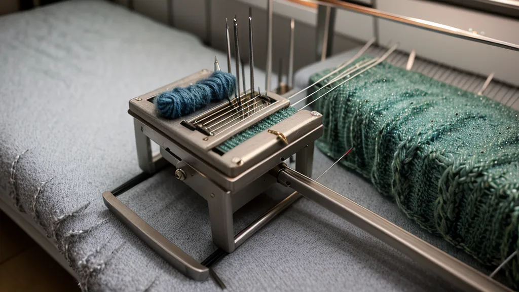 Herausgezogene Sperrschiene einer Strickmaschine mit gealtertem Schaumstoff.