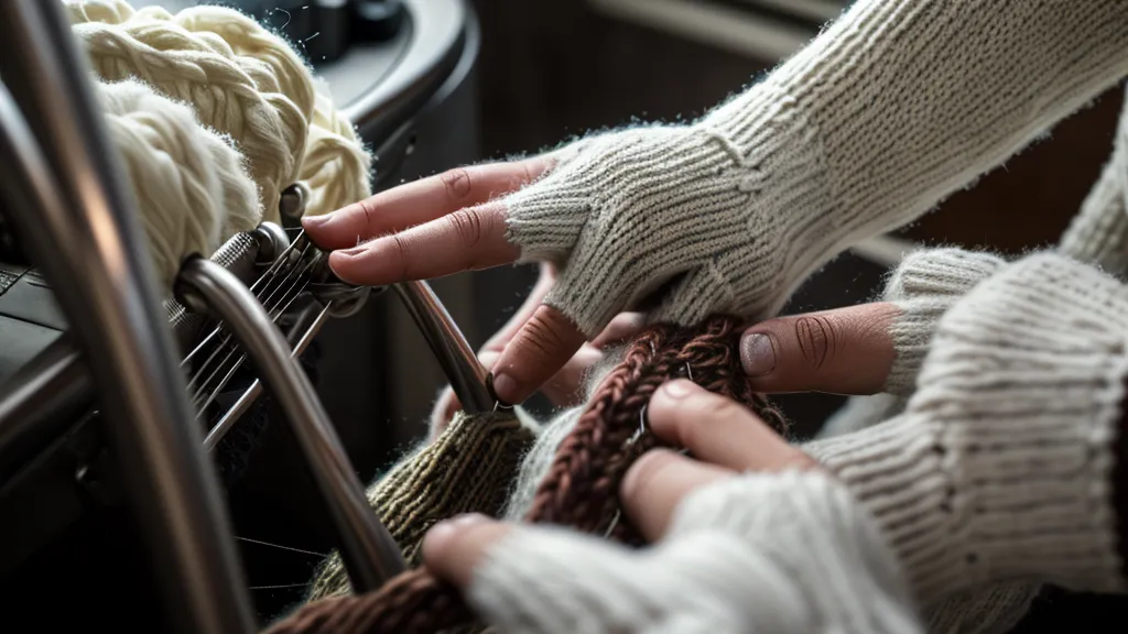 Nahaufnahme der Justierung des Strickmaschinenschlittens in einer Werkstatt