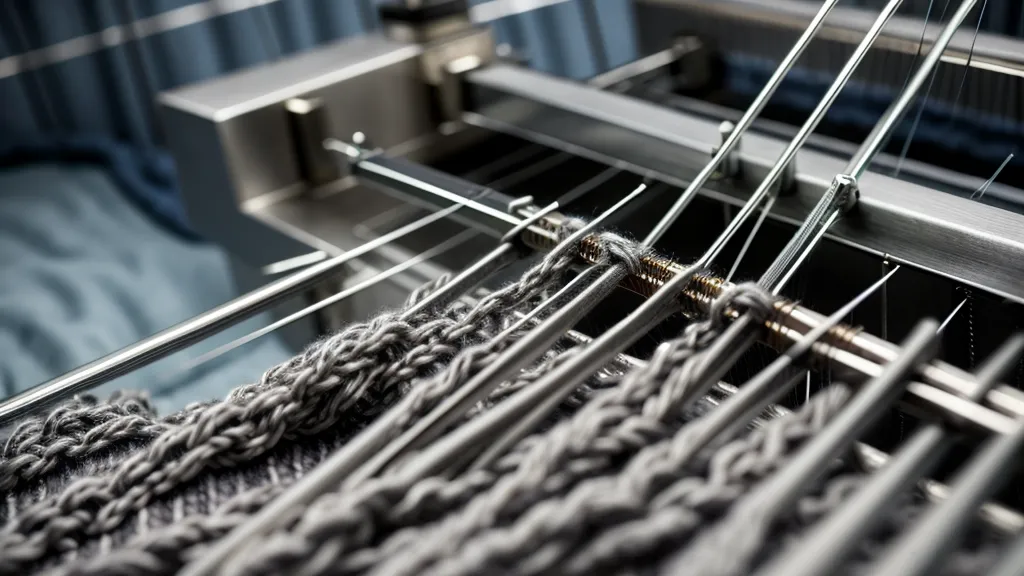 Detailansicht der Nadeln einer Strickmaschine im Nadelbett