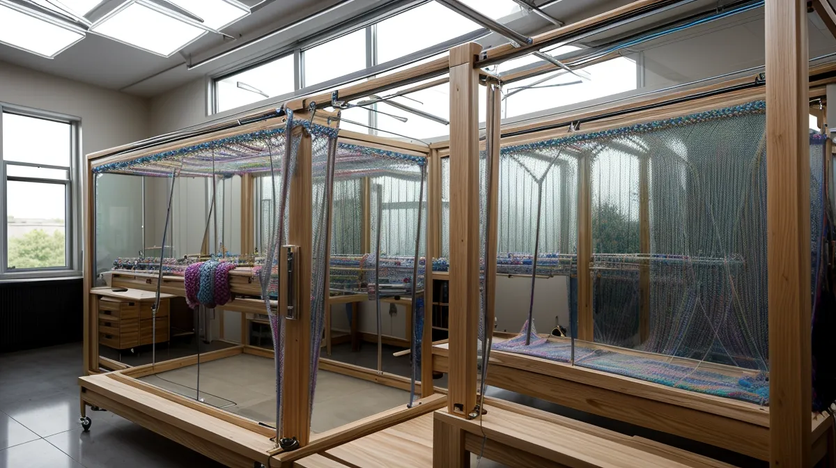 Gläserne Strickmaschine mit transparentem Nadelbett – Lieferumfang und Zubehör beim Set-Kauf prüfen