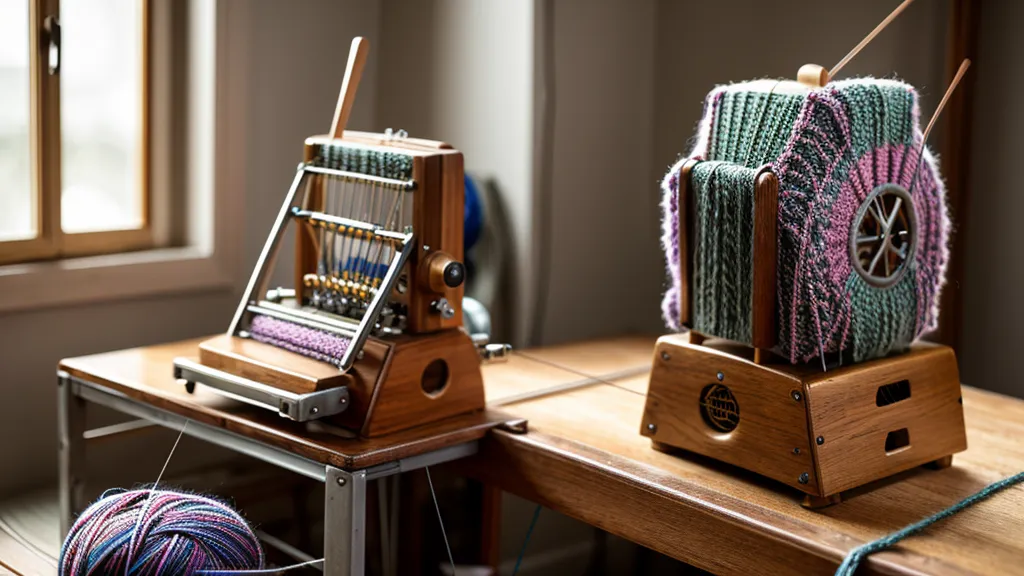Manuelles Fadenlegen beim Intarsia-Stricken - mehrfarbige Garne in den Nadeln der Strickmaschine