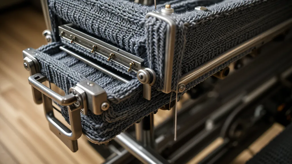 Eine Hand hebt den leichten Schlitten einer Silver Reed LK150 Strickmaschine hoch.