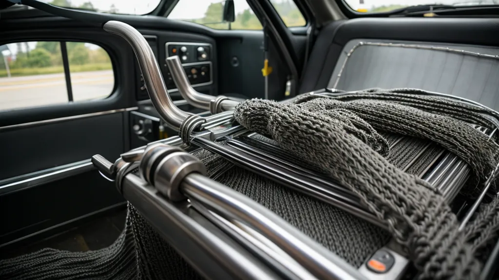 Eine lange Strickmaschine liegt schräg im Kofferraum eines Autos beim Beladen für die Reise.