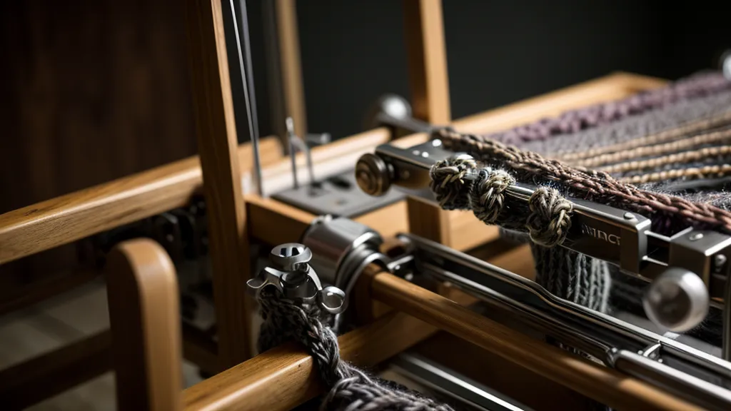 Detailaufnahme der Befestigung einer leichten Strickmaschine mit Schraubzwingen an einem Tisch.