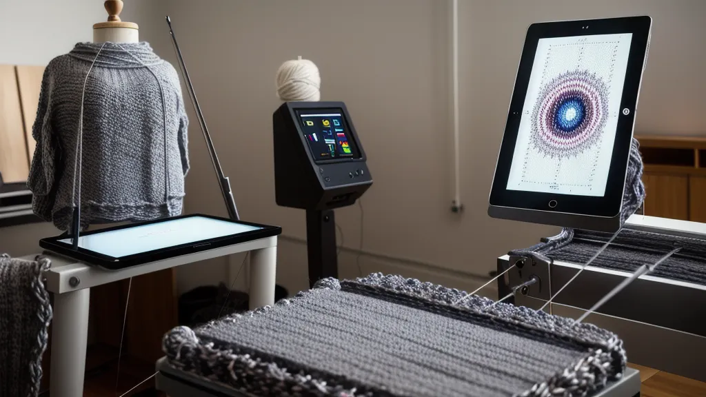 Tablet mit dem Kurs Die gläserne Strickmaschine neben einer Silver Reed Maschine.