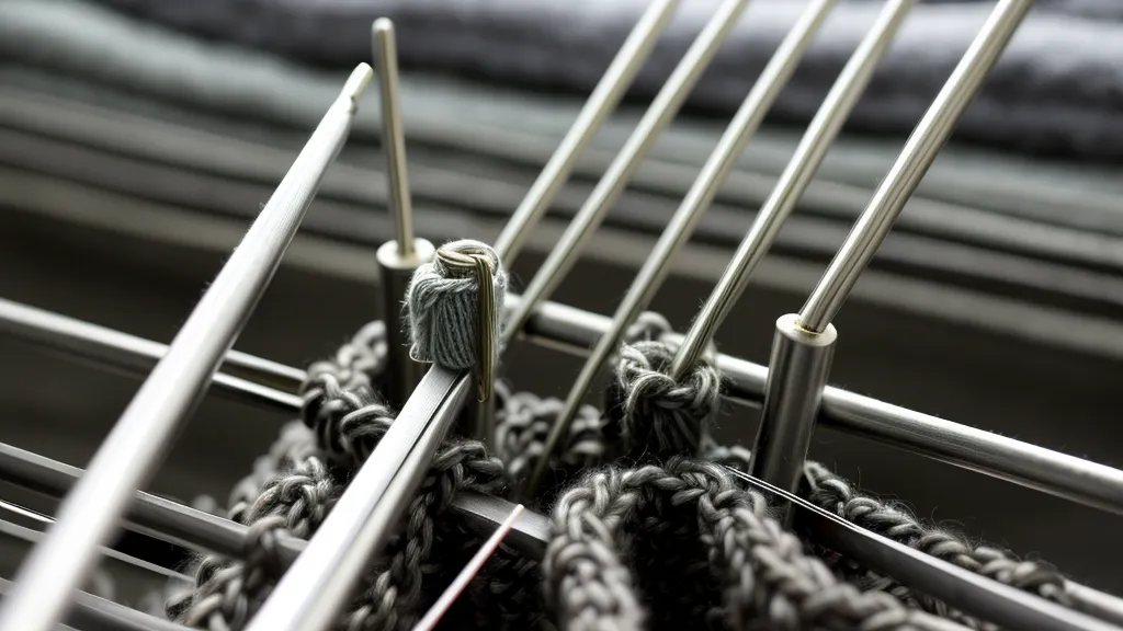 Detailaufnahme der Nadeln einer Feinstricker-Strickmaschine mit 4,5 mm Nadelabstand
