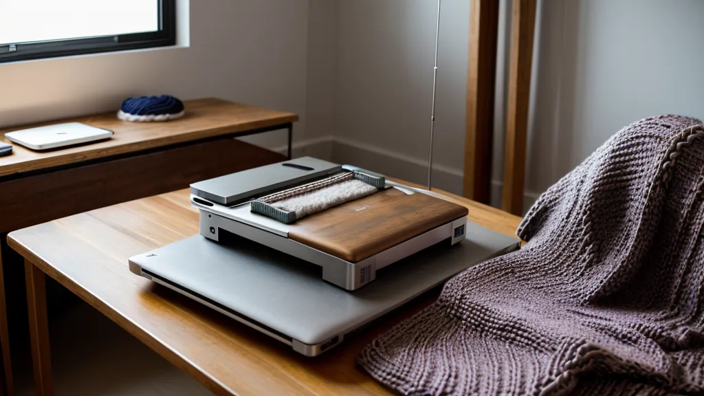Laptop mit Online-Kurs 'Die gläserne Strickmaschine' neben einer Strickmaschine in der Werkstatt.