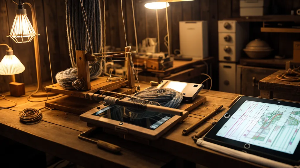 Online-Kurs Die gläserne Strickmaschine auf einem Tablet neben der Maschine