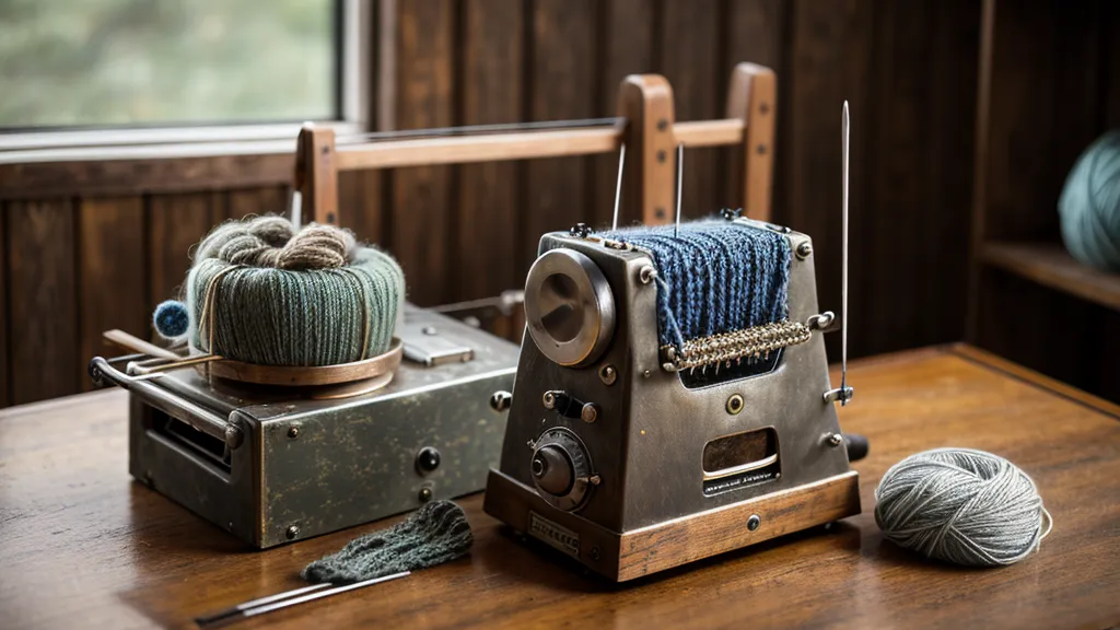 Wartungswerkzeuge für die Maschenpflege: Ballistol-Öl, Pinsel und Pinzette neben einer Strickmaschinennadel.